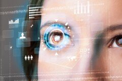 Future woman with cyber technology eye panel concept