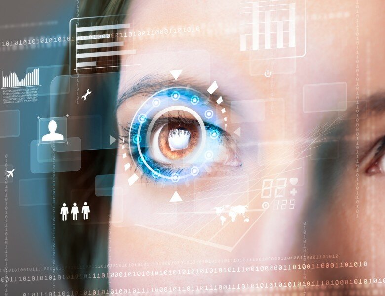 Future woman with cyber technology eye panel concept